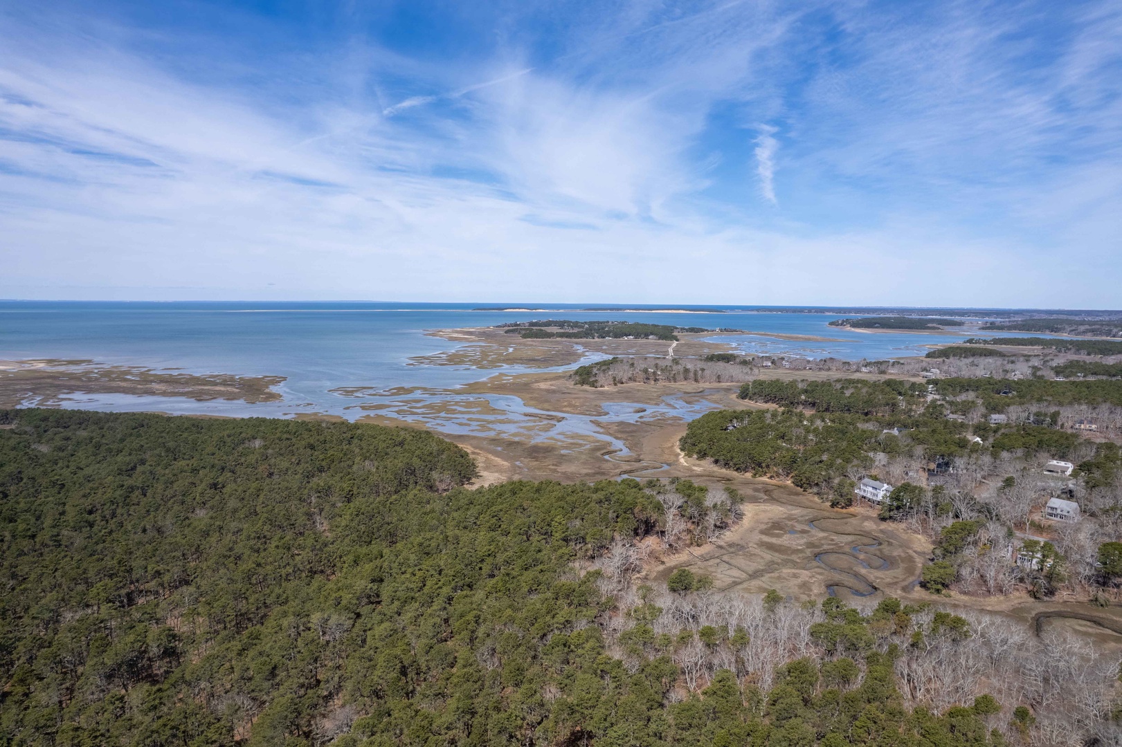 Aerial view showcasing the pristine coastal landscape with tidal marshes, dense forests, and scattered waterfront homes along the shoreline.