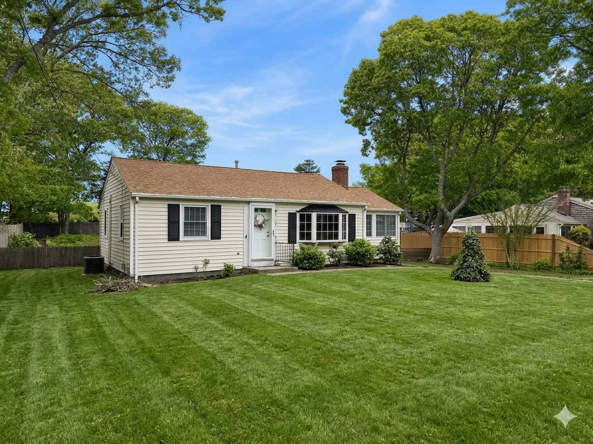 A charming single-story cottage with classic black shutters and welcoming front door, surrounded by mature shade trees and a spacious, freshly manicured lawn in a peaceful residential setting.