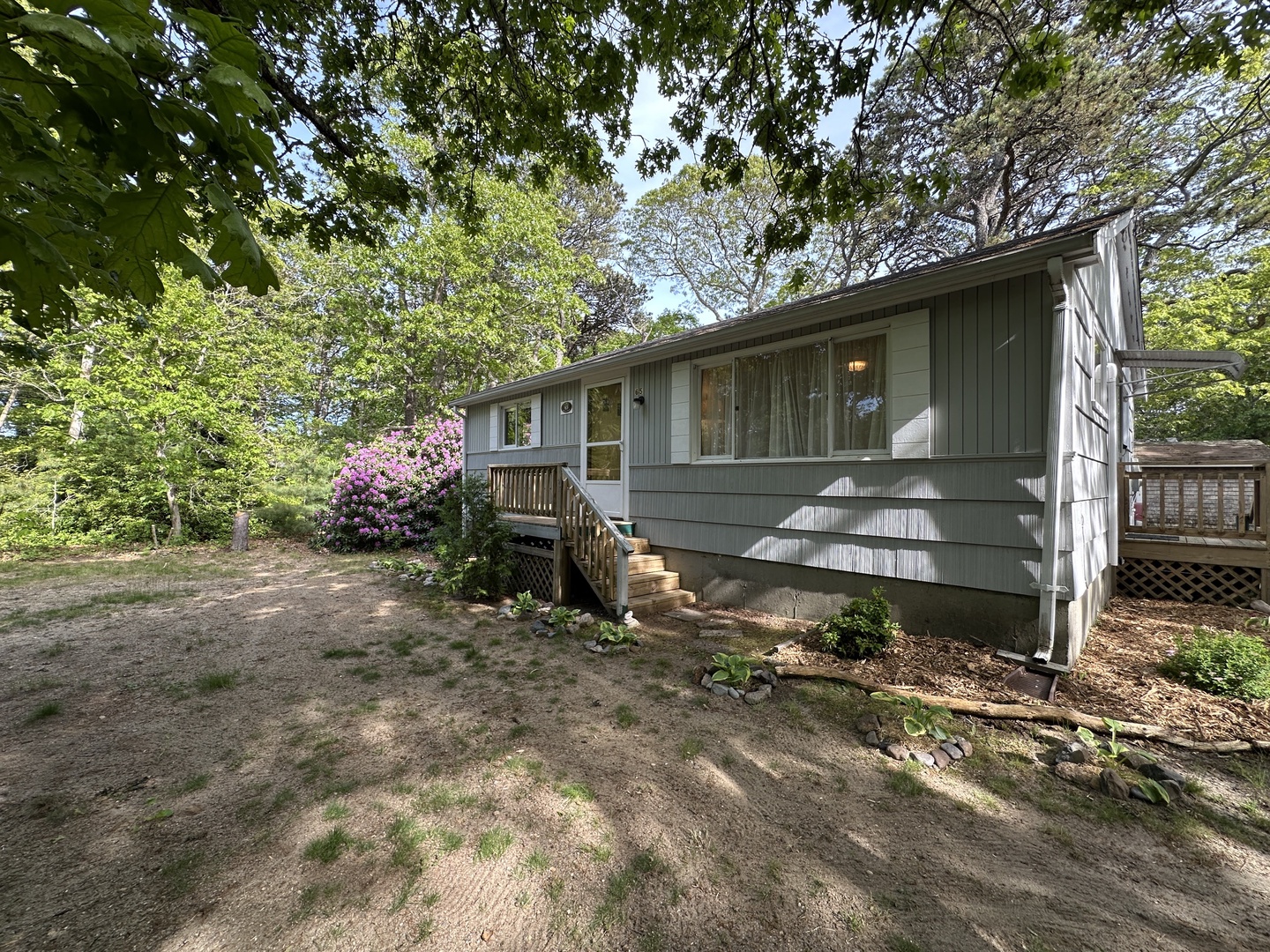 A charming woodland retreat nestled among towering trees with blooming rhododendrons and peaceful natural surroundings.