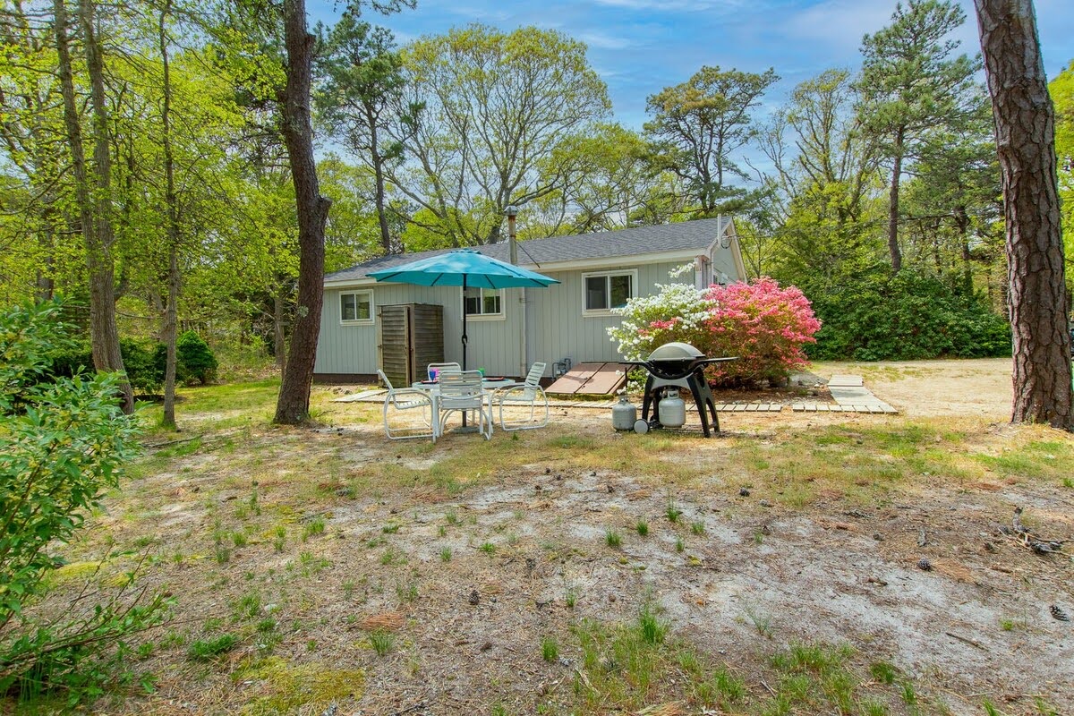 Charming cottage nestled among mature trees with outdoor dining and BBQ setup for memorable forest getaways.