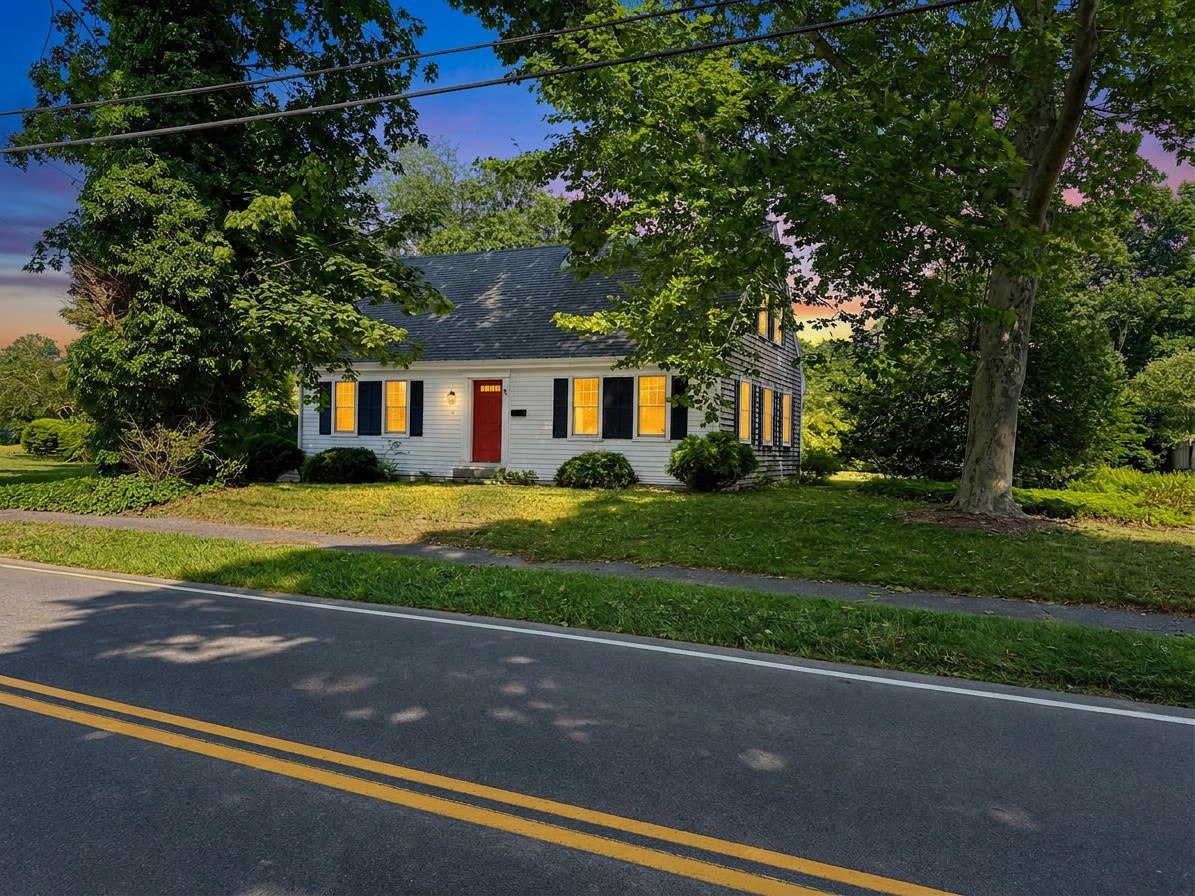Charming white cottage with welcoming yellow shutters and red door, nestled among mature trees in a peaceful residential setting.