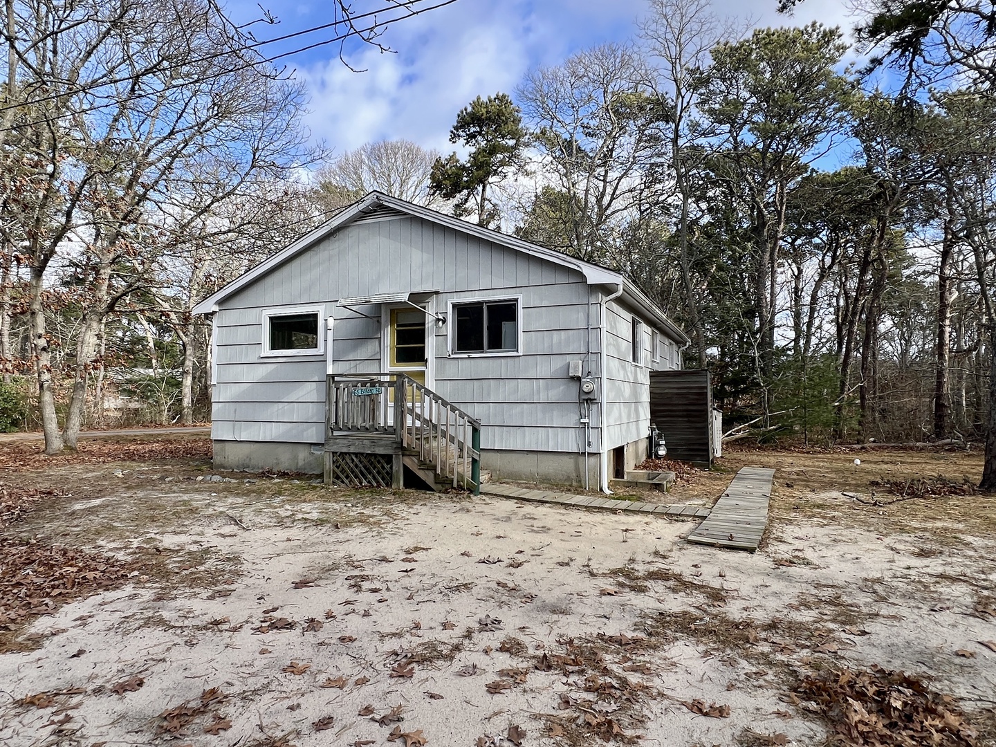 A cozy beach cottage nestled among towering trees, offering a peaceful woodland retreat just steps from sandy shores.