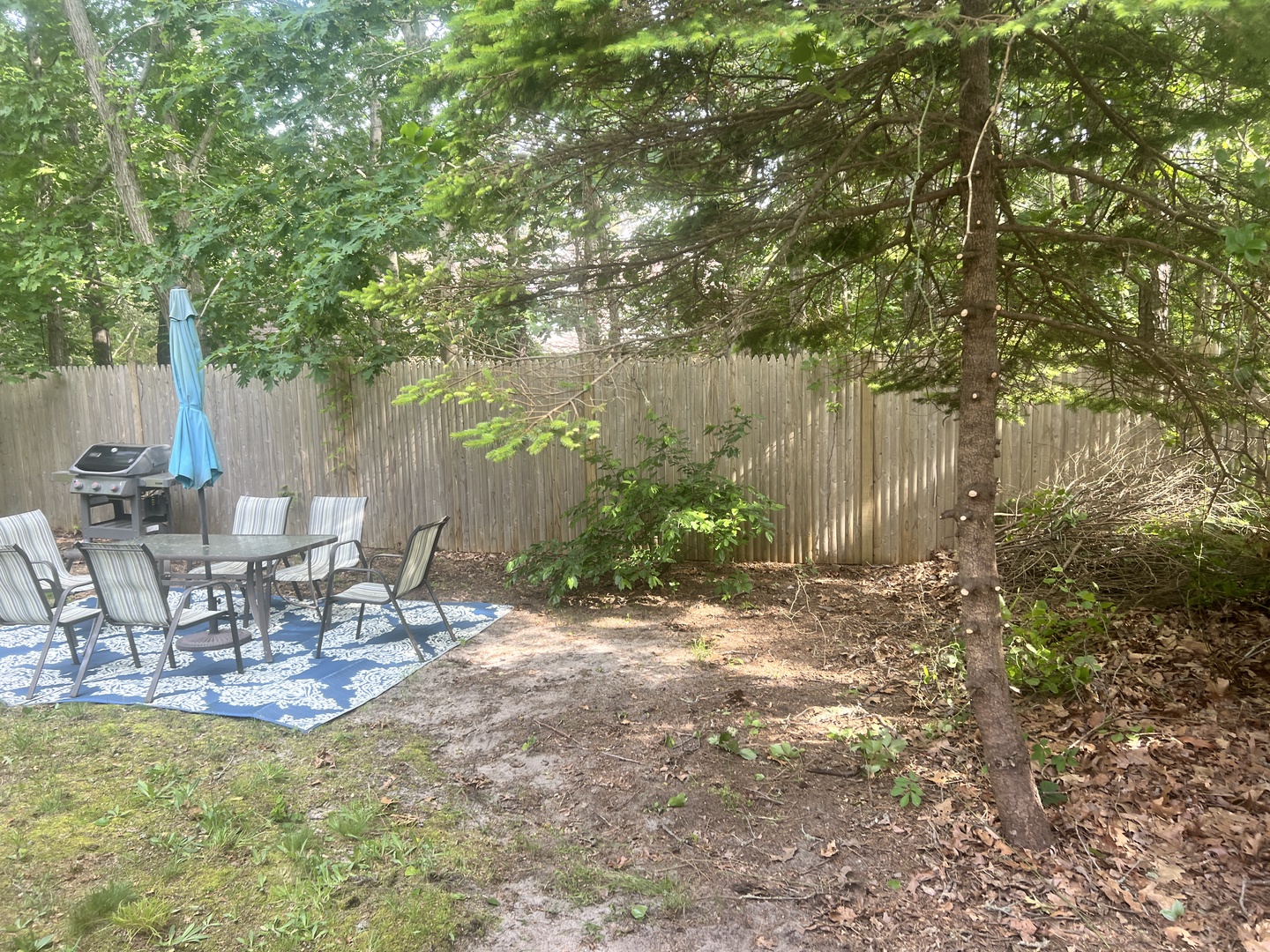 Relax in your private backyard oasis under mature shade trees, perfect for outdoor dining and grilling memories.