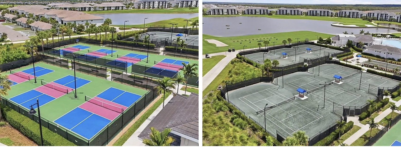 The community features well-maintained tennis and pickleball courts set within beautifully landscaped grounds with palm trees and water views.