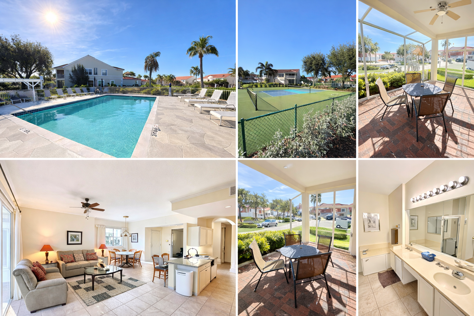Enjoy Florida living with your own screened patio, sparkling pool access, tennis court views, and bright, comfortable interiors perfect for your getaway.