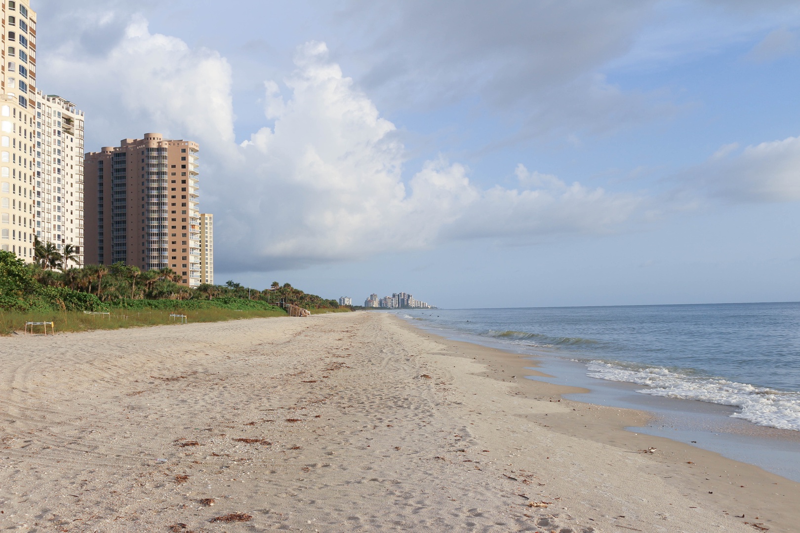 Pristine beachfront stretches along the coastline with high-rise buildings creating an impressive urban skyline backdrop.