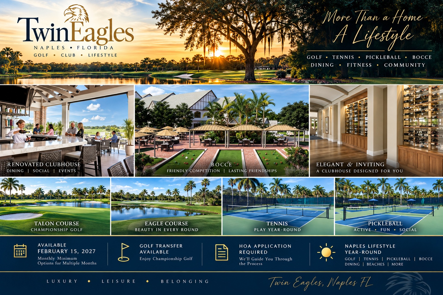 Twin Eagles offers championship golf, bocce, tennis, and pickleball courts, plus elegant dining and fitness—a complete Naples lifestyle awaits.