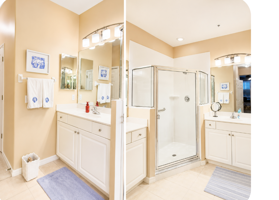 Refresh in your spacious bathroom with dual vanities, a glass-enclosed shower, and coastal-inspired touches that make morning routines feel like a spa retreat.