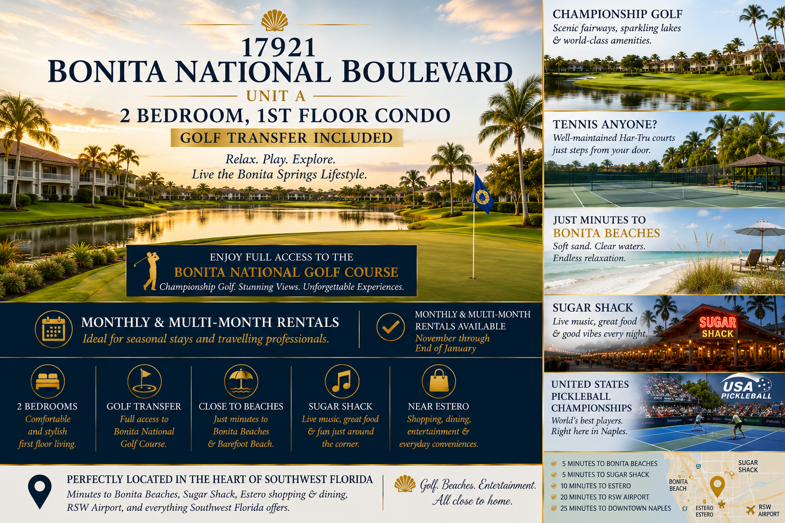 A stunning golf course stretches across lush green fairways alongside a tranquil lake at sunset. This championship course offers scenic views and unforgettable experiences.
