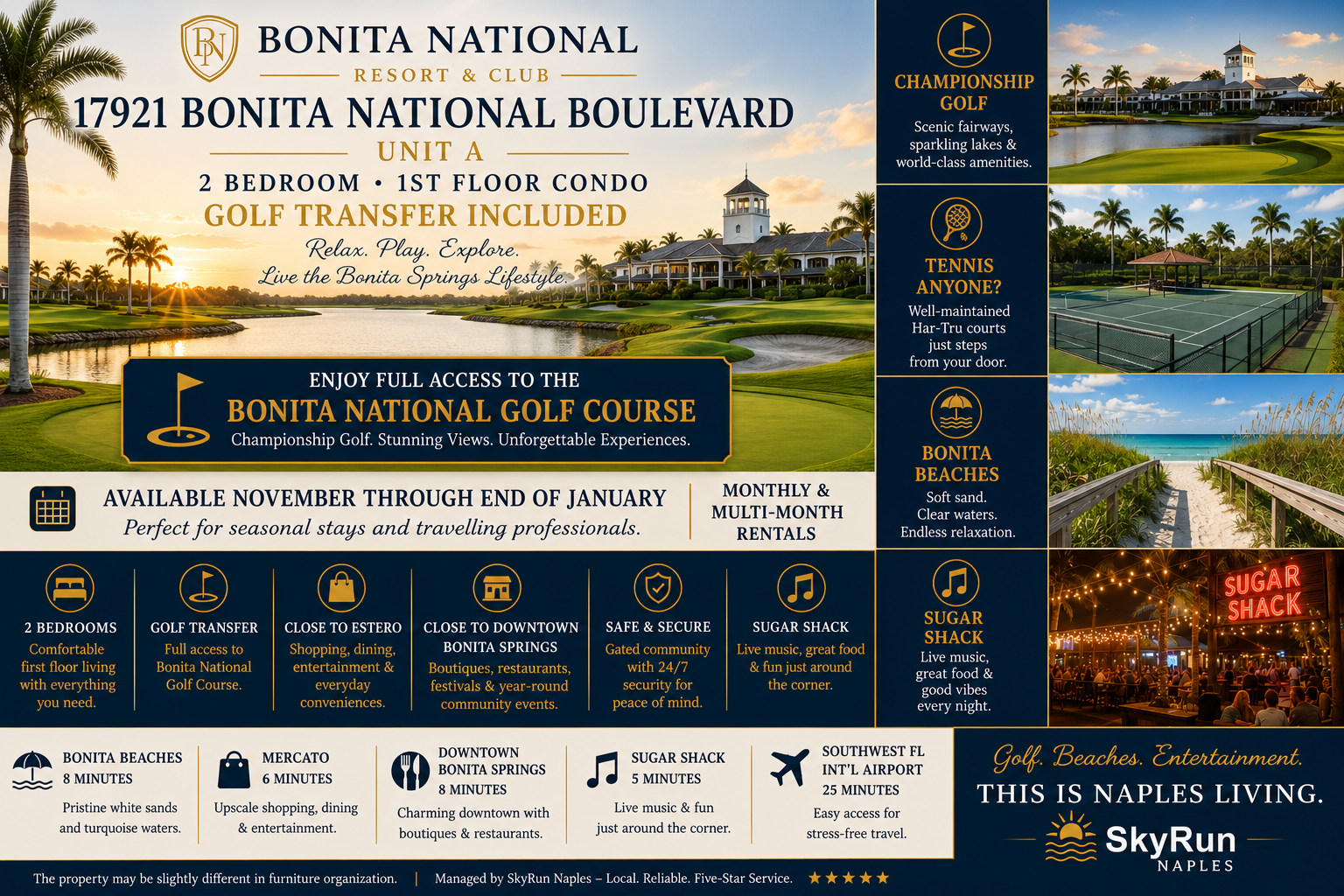 Aerial view of the Bonita National Resort & Club area, featuring the championship golf course, surrounding residential buildings, and Southwest Florida's natural landscape.