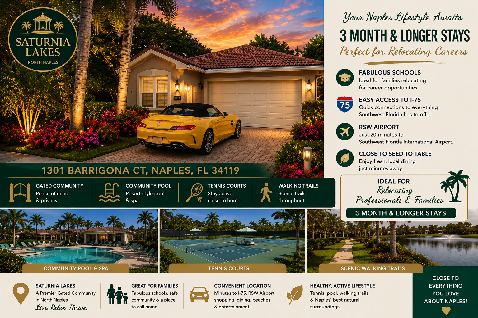 The warm glow of sunset paints the sky above your Florida retreat, where a peaceful evening and stunning scenery greet you after a day exploring Naples.