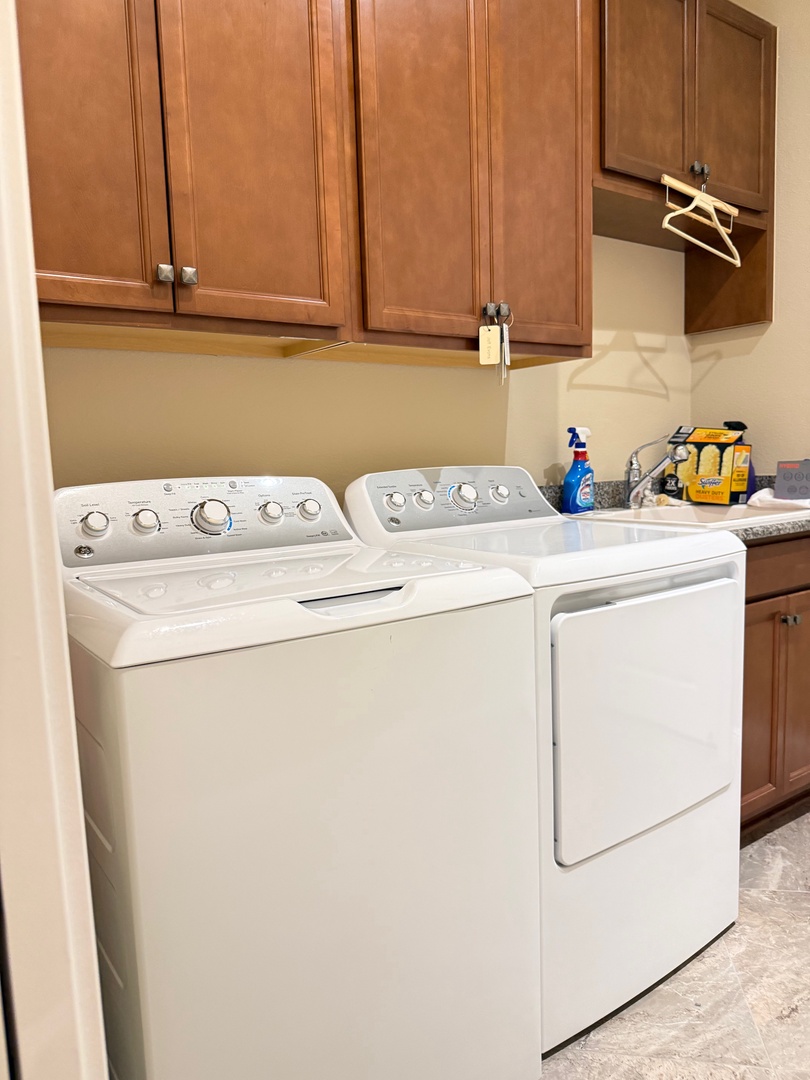 Take care of your laundry with ease using the convenient in-unit washer and dryer, plus ample cabinet storage for all your supplies.
