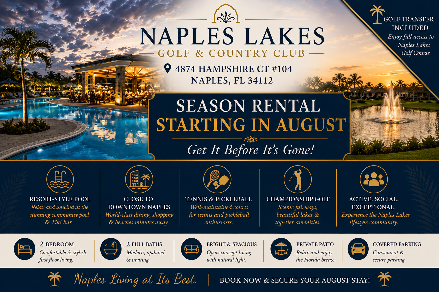 Experience luxury resort-style living with your own championship golf course access, sparkling pool, and stylish villa accommodations awaiting your arrival.