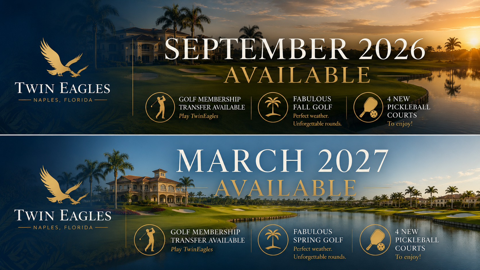 Twin Eagles in Naples, Florida offers golf memberships and pickleball courts available for September 2026 and March 2027.