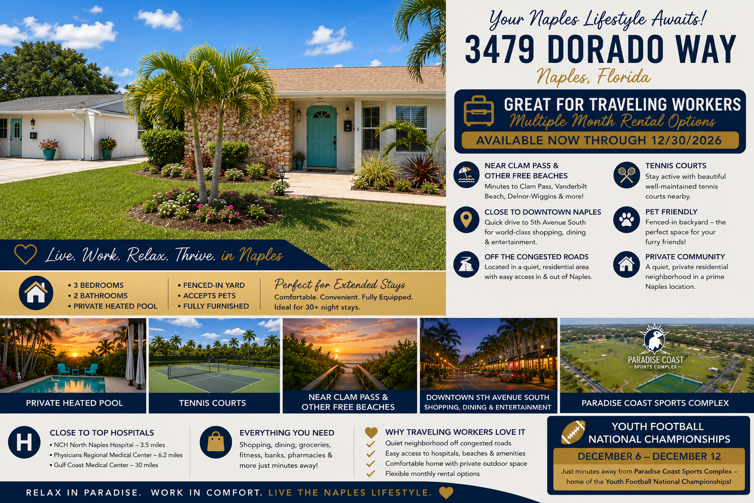 Perfectly positioned in a peaceful Naples neighborhood with a fenced yard, heated pool, and pet-friendly amenities. Your ideal home base for work and relaxation.