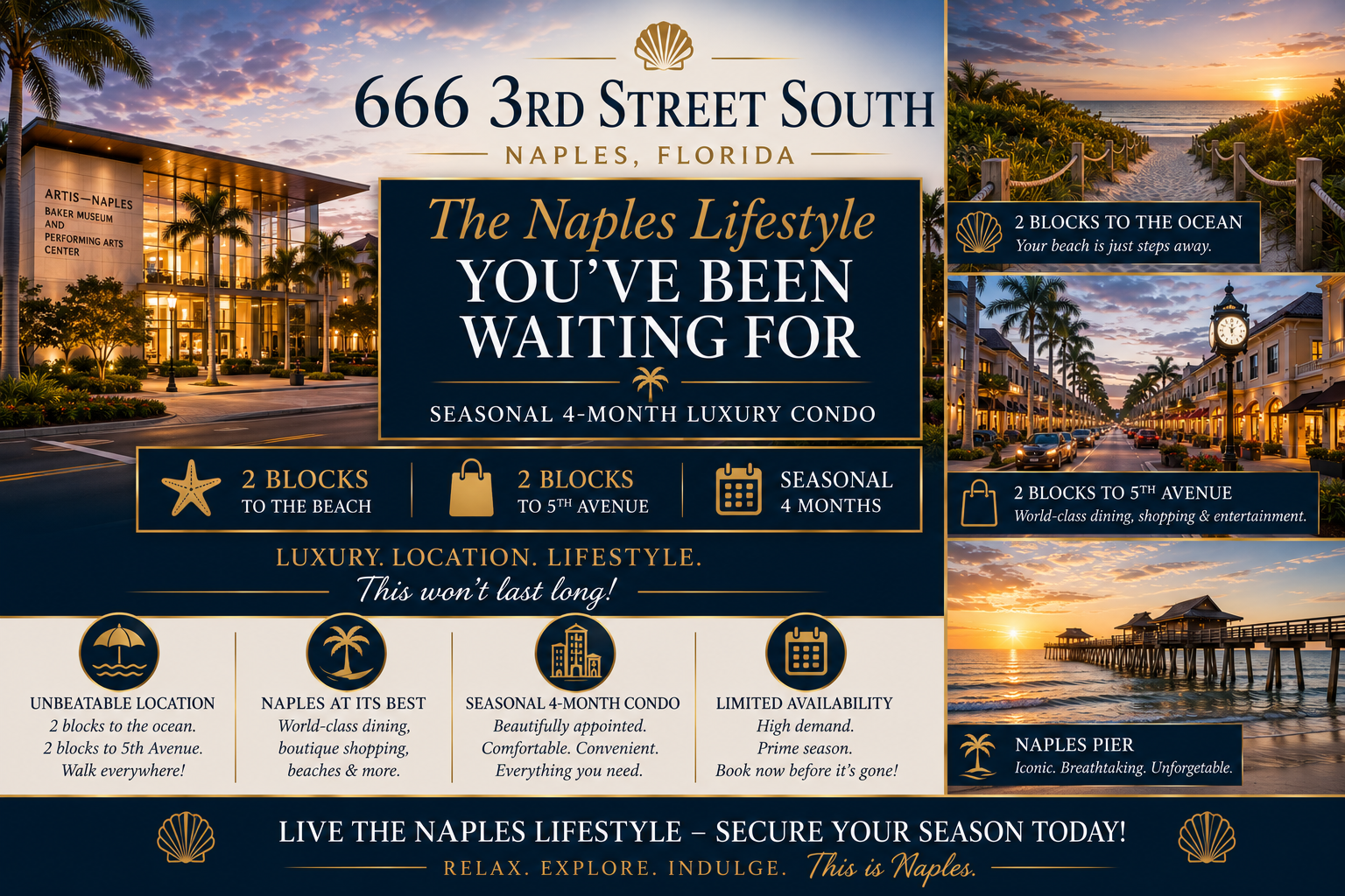 5th Ave. Old Naples Retreat Monthly– 2BR Condo Steps to 5th Ave & the Beach