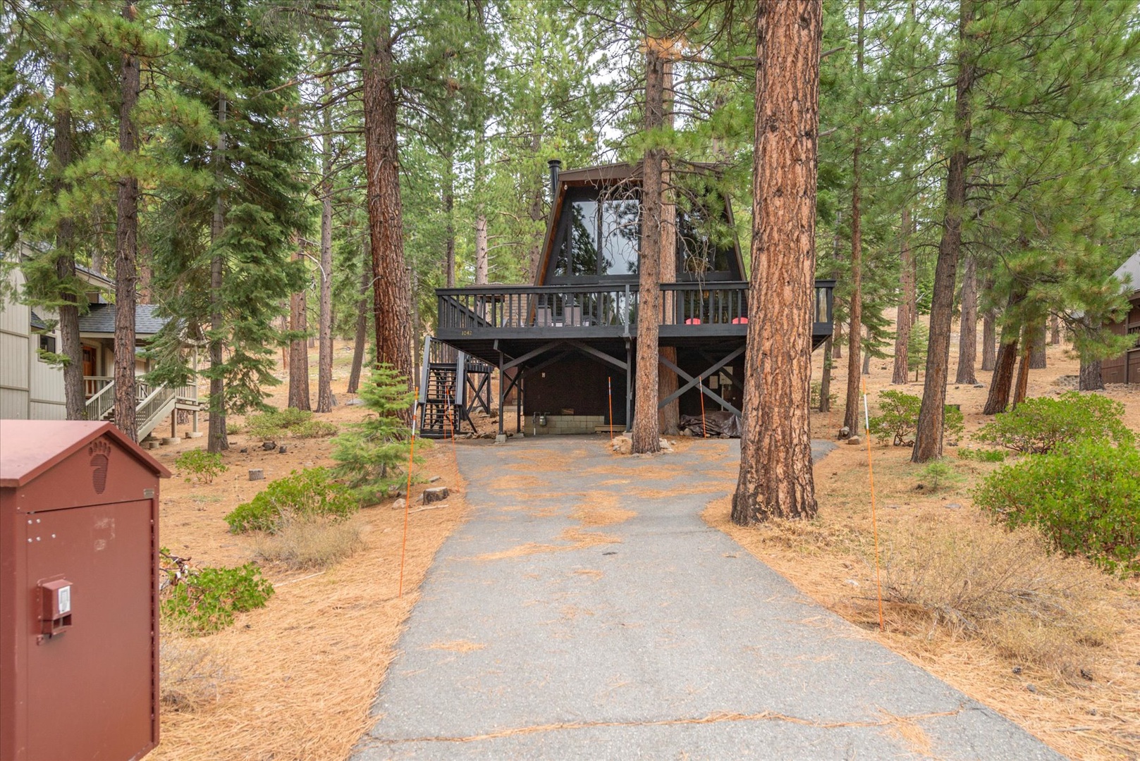 A peaceful forest setting surrounds this woodland retreat, where tall pines frame the property and create a natural, secluded atmosphere ideal for a mountain getaway.
