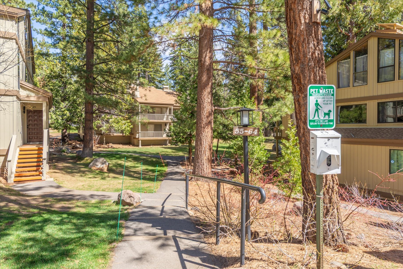 The scenic walkway entrance to your unit in this vacation community with scenic walkways and pet friendly accommodations.