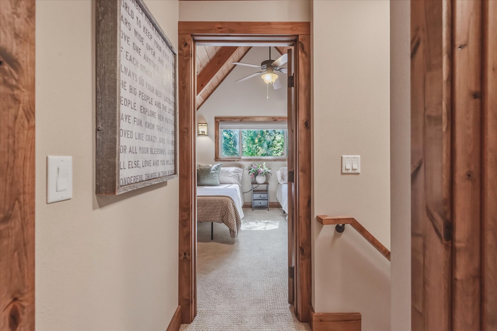 Step into your restful retreat through warm wooden doorways and cathedral ceilings.