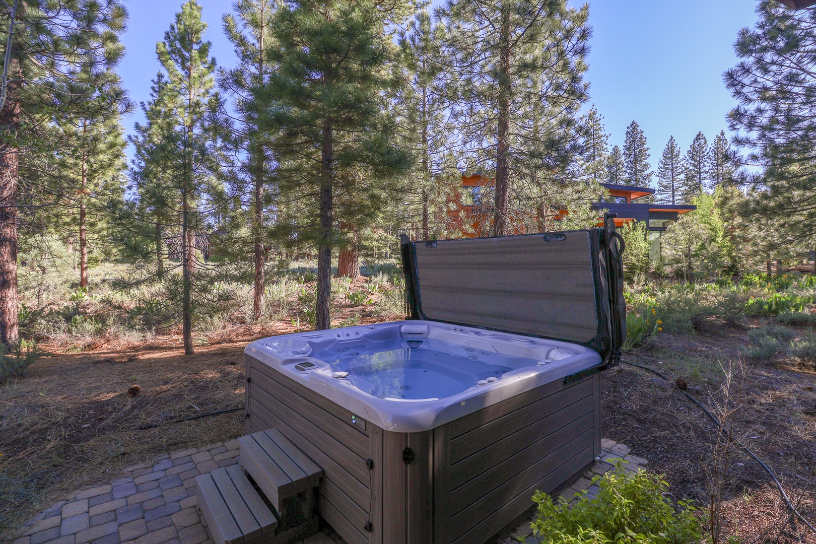 Soak beneath towering pines in your private hot tub, where forest serenity meets pure relaxation under open skies.