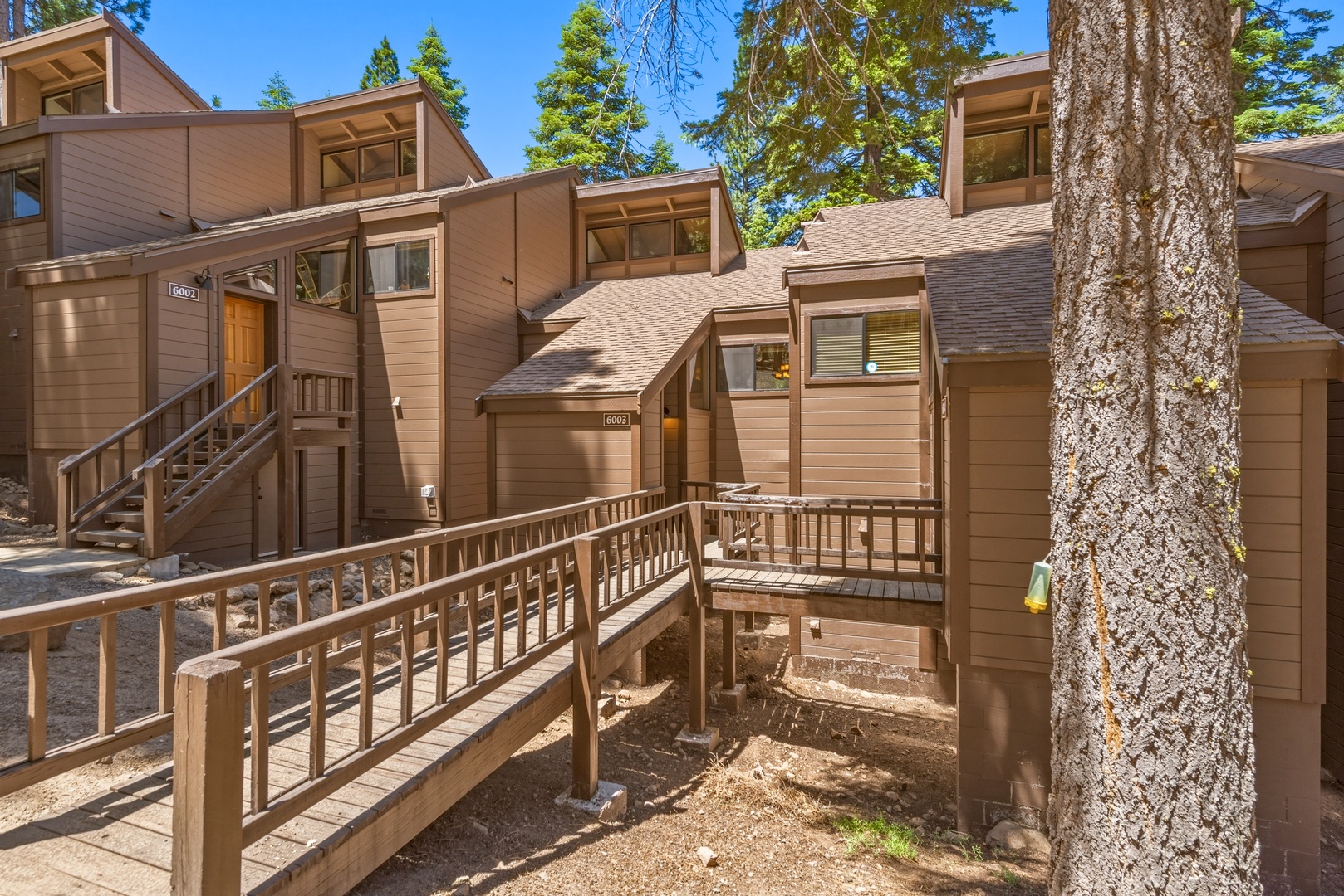 Multi-level townhomes nestled among towering evergreens, offering a tranquil mountain setting with convenient access via wooden walkways and private entrances to each unit.