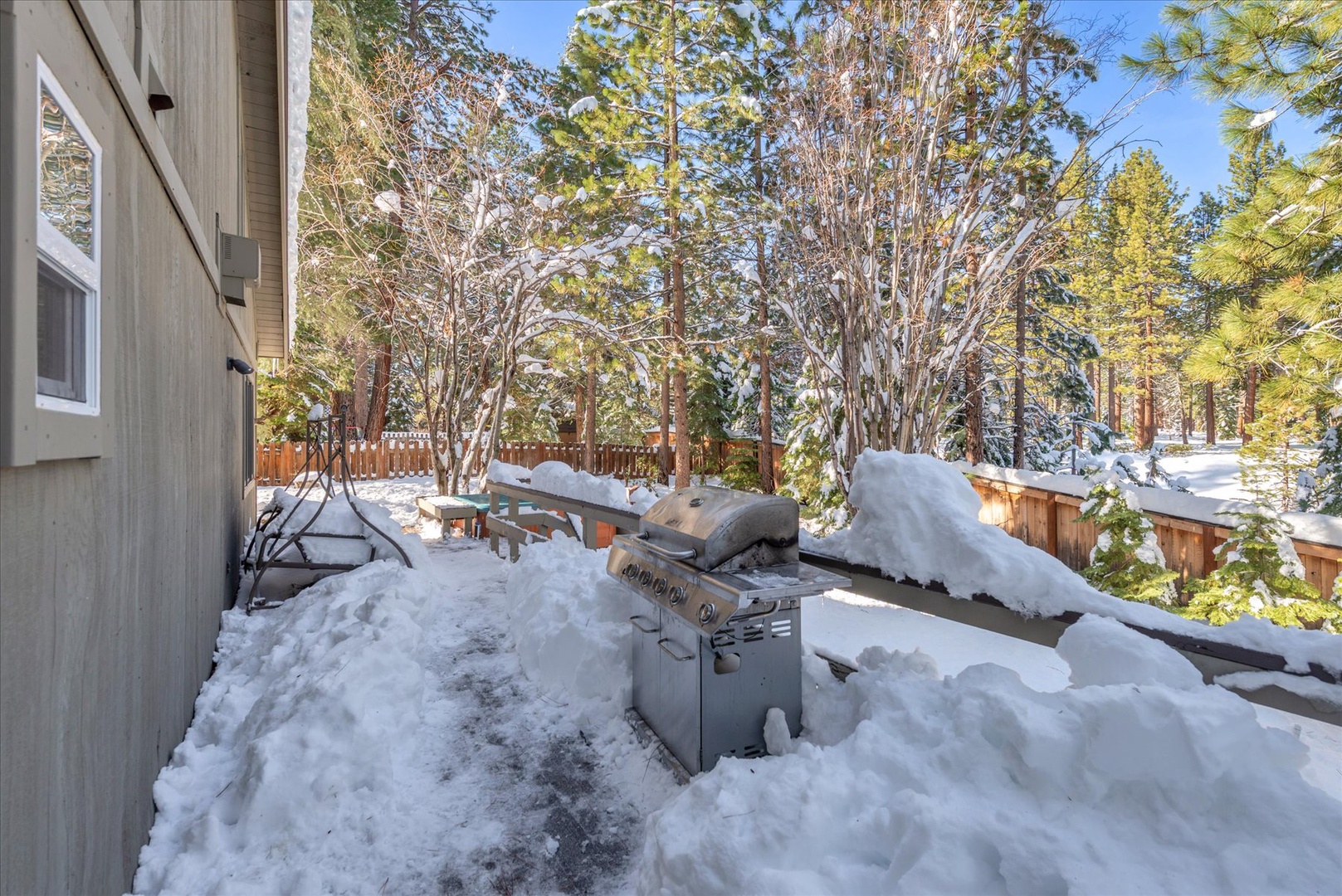 Cozy winter retreat with BBQ grill ready for your mountain cooking adventures, surrounded by pristine snow and towering pines.