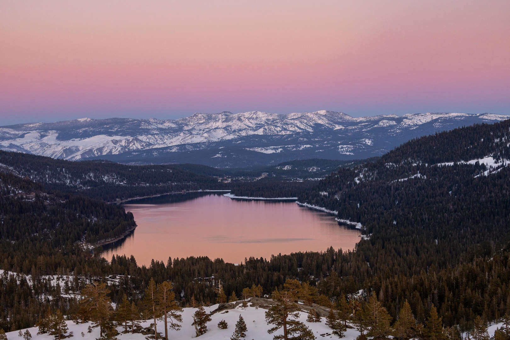 A stunning winter sunrise over Donner Lake.