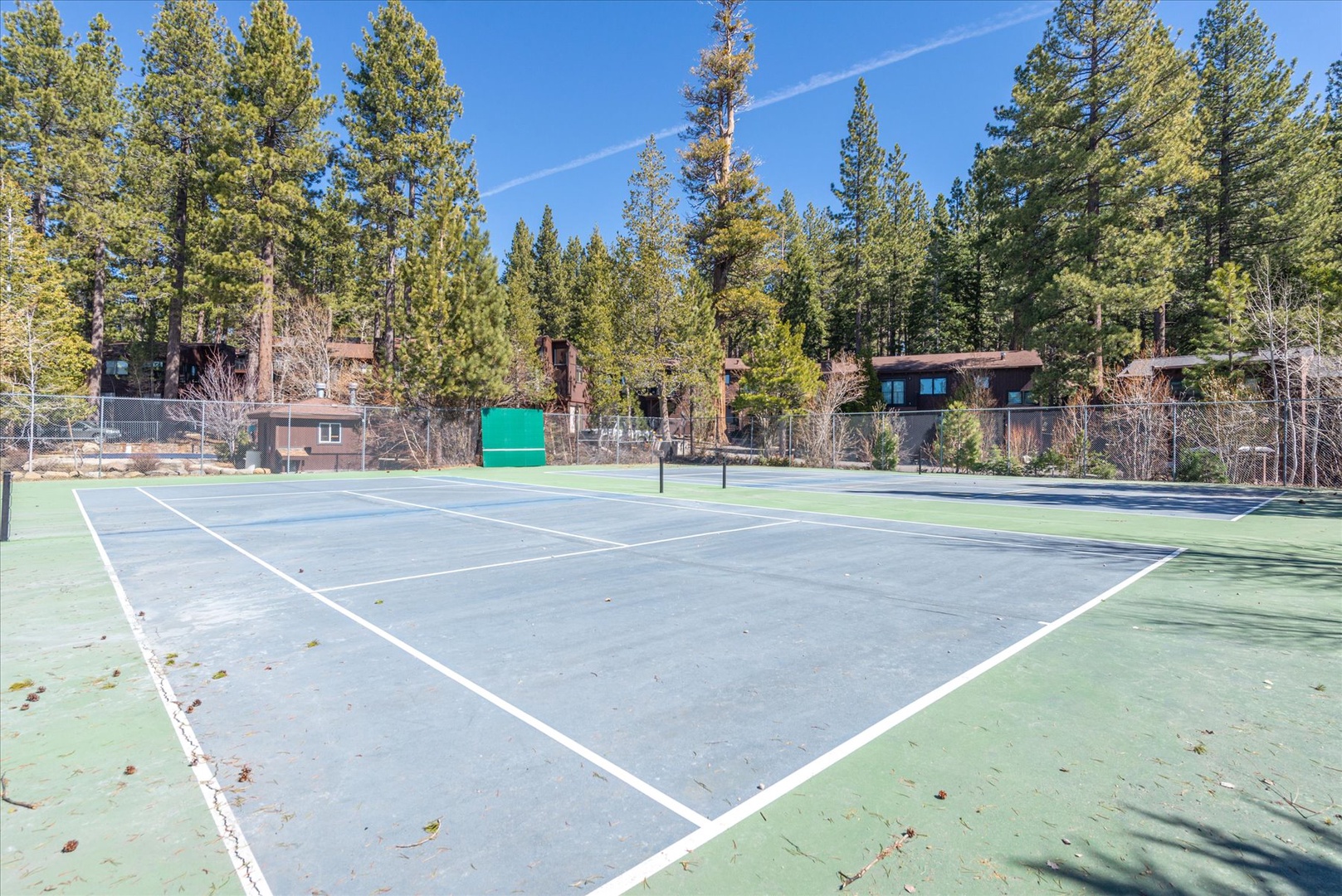 Tennis court surrounded by towering pines and mountain cabins, offering recreational activities in a scenic forest setting.