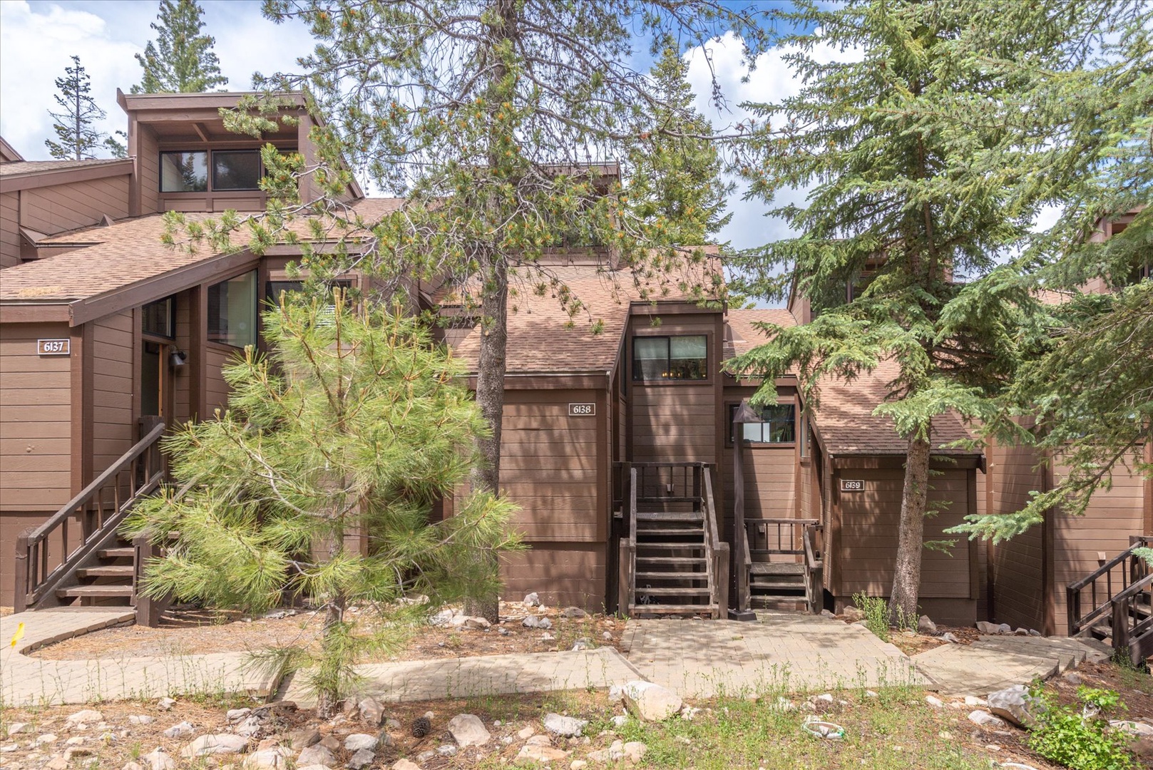 Condominiums nestled among tall pines and evergreens in a natural mountain setting.