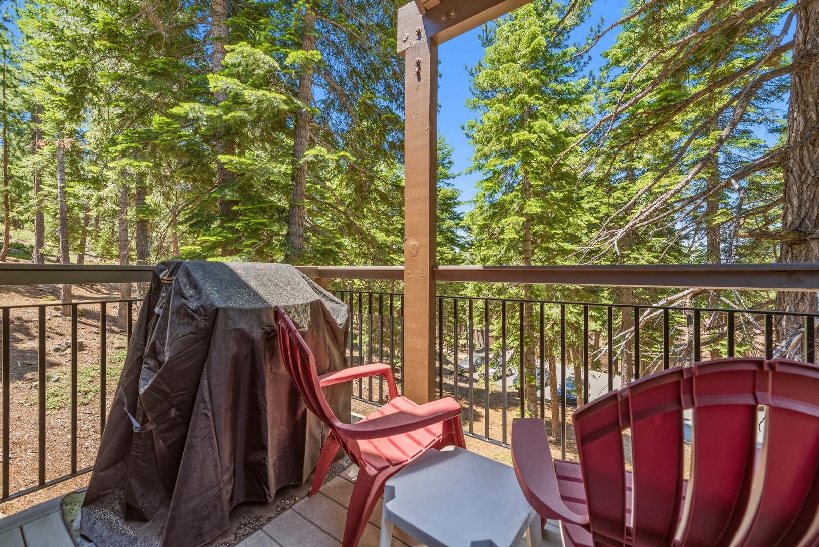 Step onto your private balcony and breathe in the fresh forest air, surrounded by towering pines and dappled sunlight—a tranquil retreat perfect for morning coffee or evening relaxation.