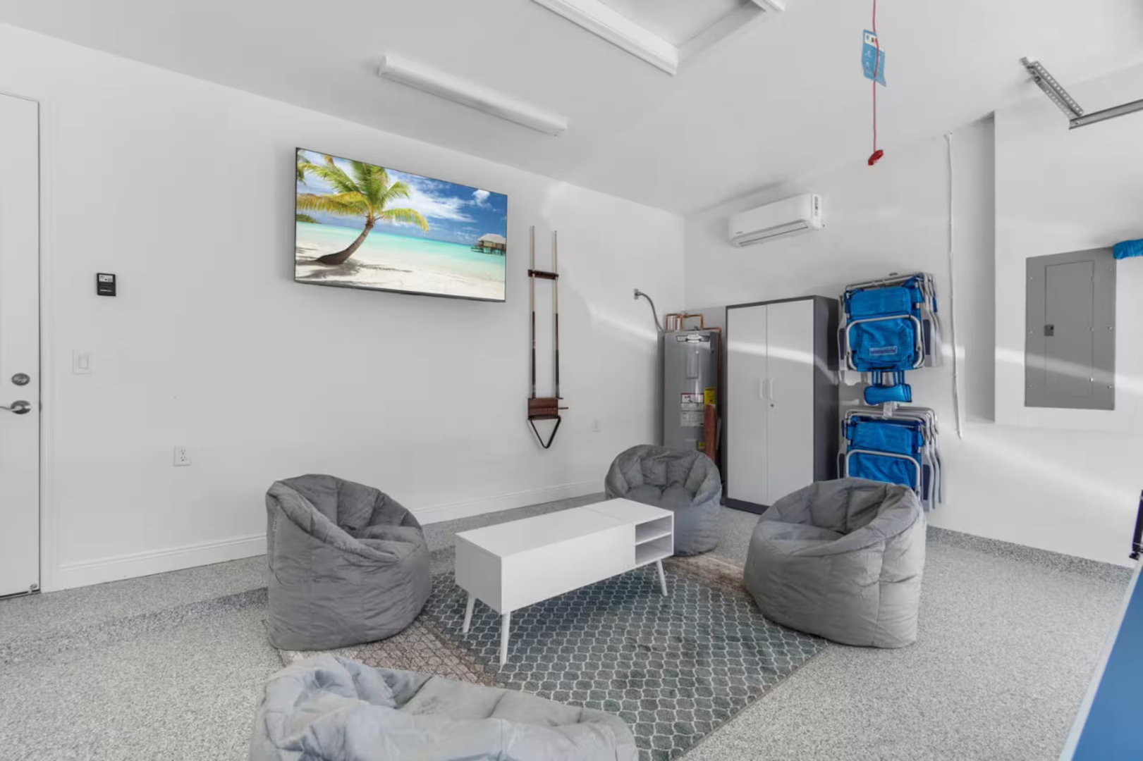 Settle into plush bean bag chairs in your bright, modern lounge—complete with AC, skylight, and thoughtful storage. Your perfect relaxation hub awaits.