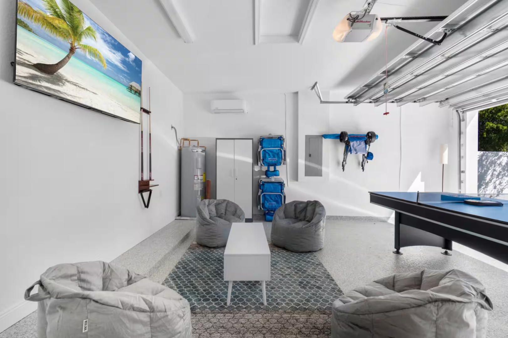 Your game room awaits with plush bean bag seating, billiards table, and climate-controlled comfort—perfect for laid-back afternoons and friendly competition.