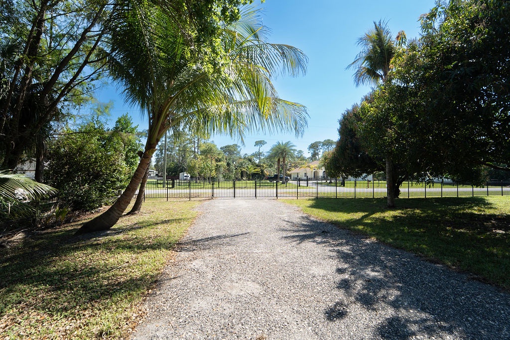 Tropical entrance pathway leads through landscaped grounds with palm trees and mature vegetation to the gated property beyond.