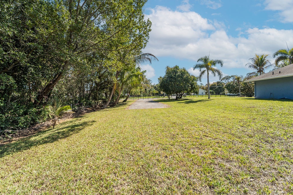 Spacious backyard with lush lawn and mature trees offers peaceful outdoor space under Florida's sunny skies.