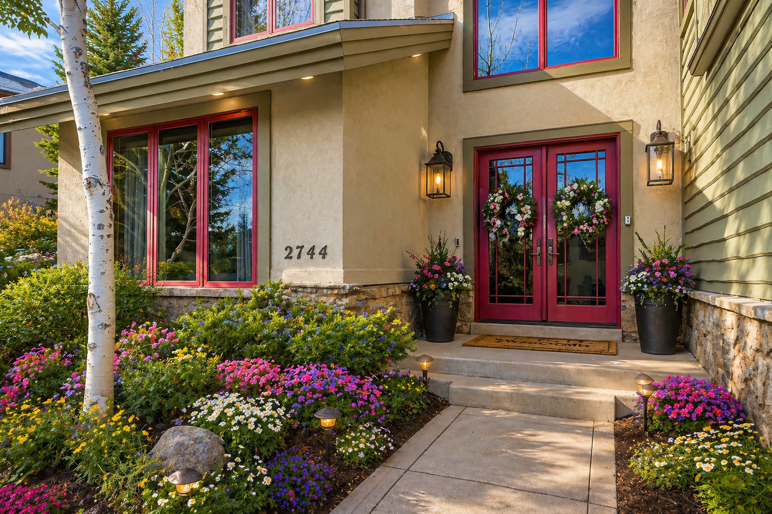 A charming entrance framed by vibrant seasonal blooms, red double doors adorned with floral wreaths, and warm ambient lighting welcomes you to your mountain getaway.