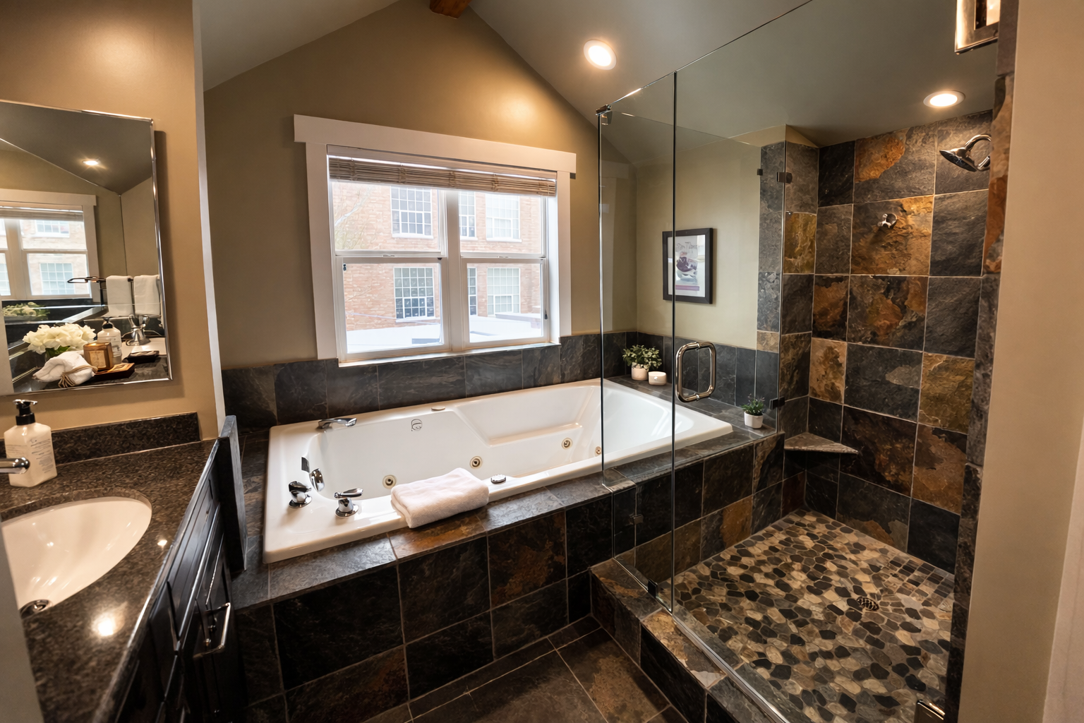 Indulge in your private spa-inspired bathroom, featuring a deep soaking jetted tub beneath a sunlit window and a spacious walk-in shower adorned with rich, earth-toned stone tiles that invite total relaxation.