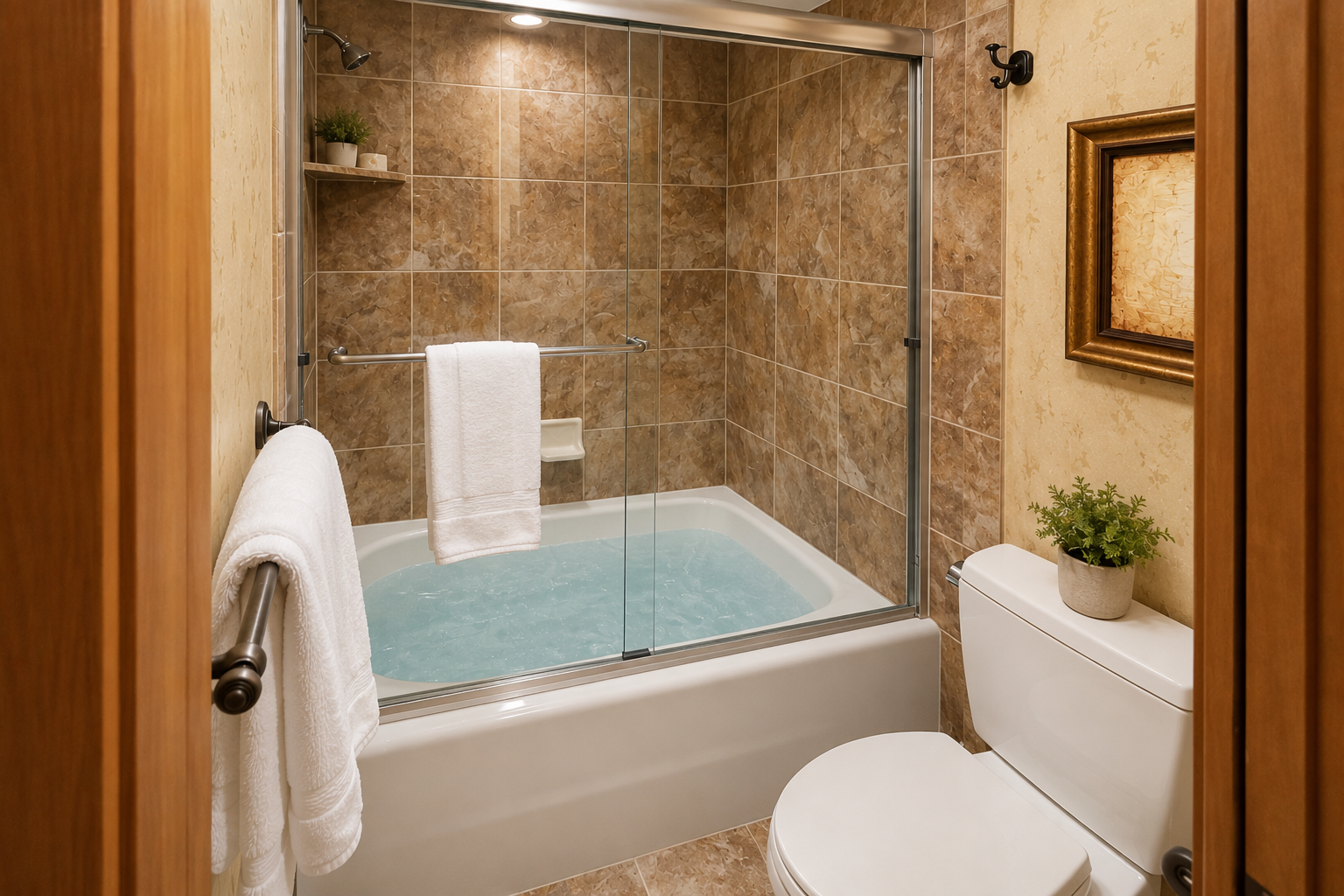 Unwind in your elegant bathroom featuring granite counters, rich wood cabinetry, and a soothing tub-shower combo for relaxing after your adventures.