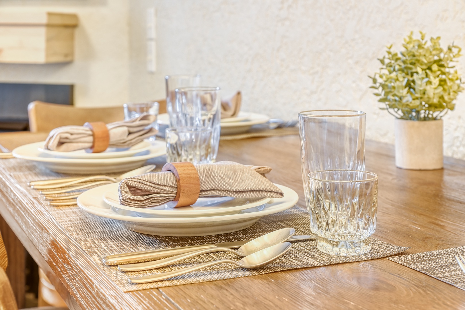 Your beautifully set dining table awaits memorable meals with elegant glassware, natural linens, and charming details.