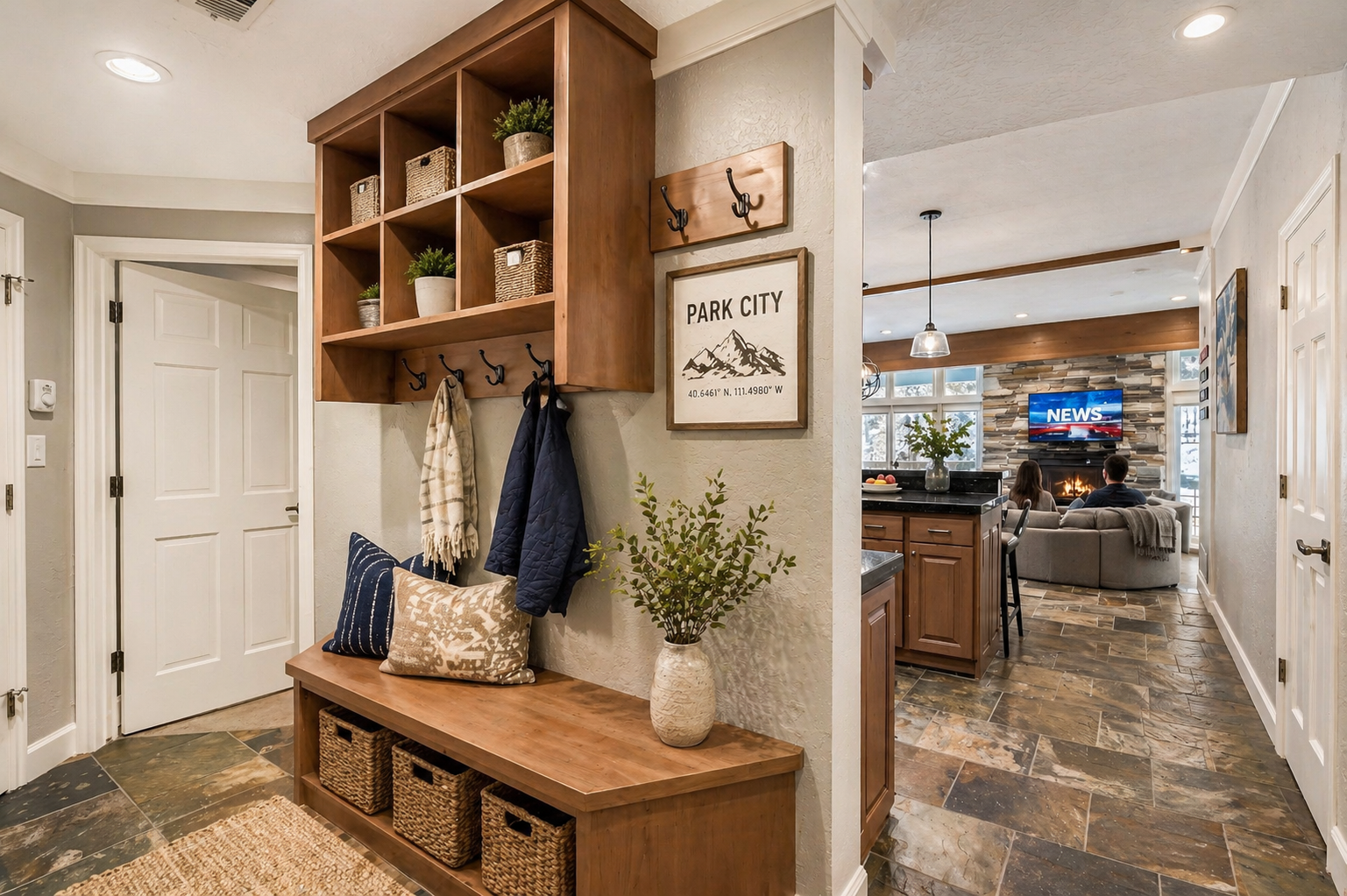 A welcoming entryway with custom wood storage, cozy bench seating, and warm tones flows into your mountain retreat's open living spaces.