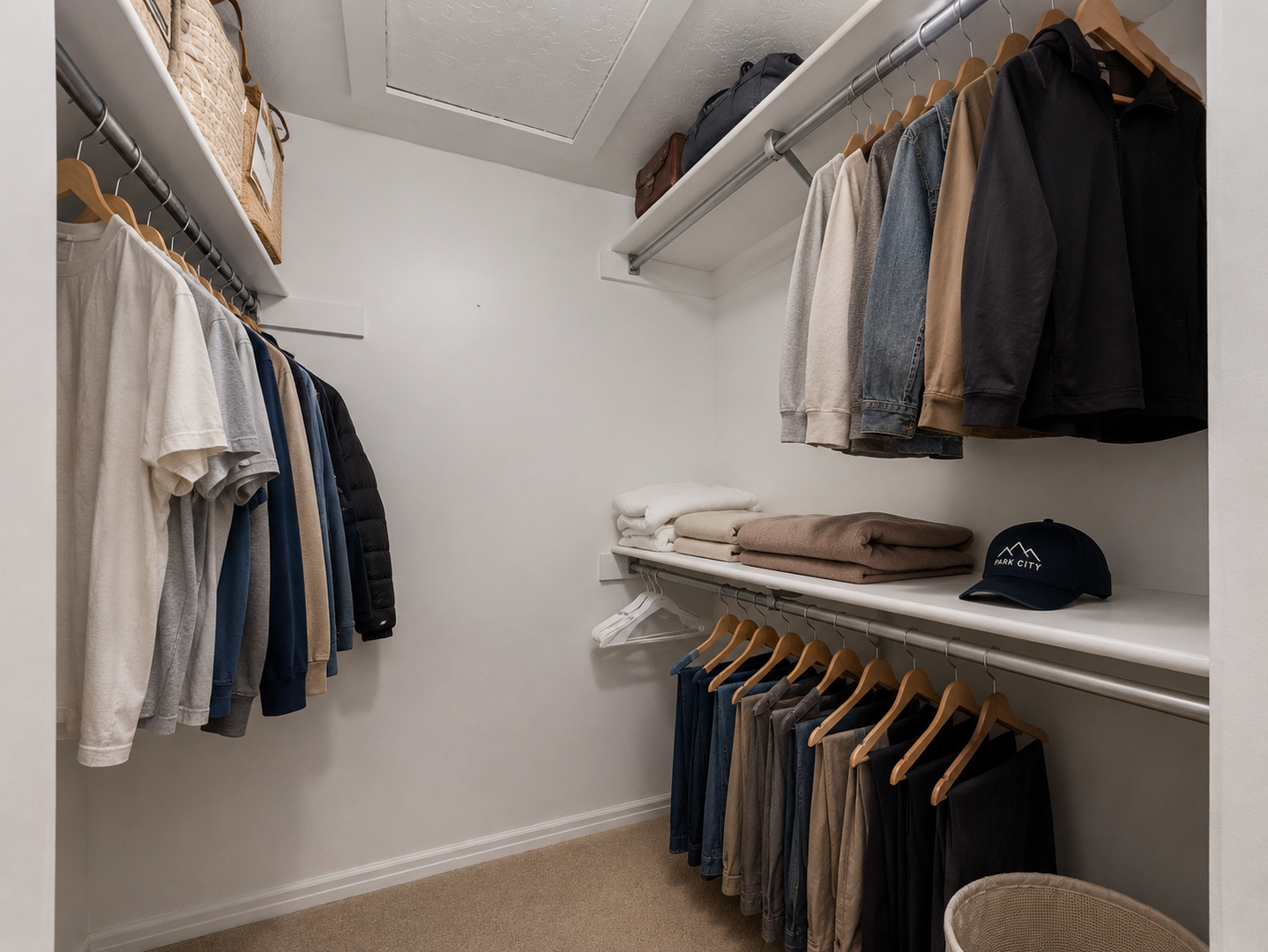 Your belongings find a home in this clean walk-in closet, where custom shelving and hanging space keep everything organized. The well-lit space lets you pack and unpack with ease, making settling in effortless.