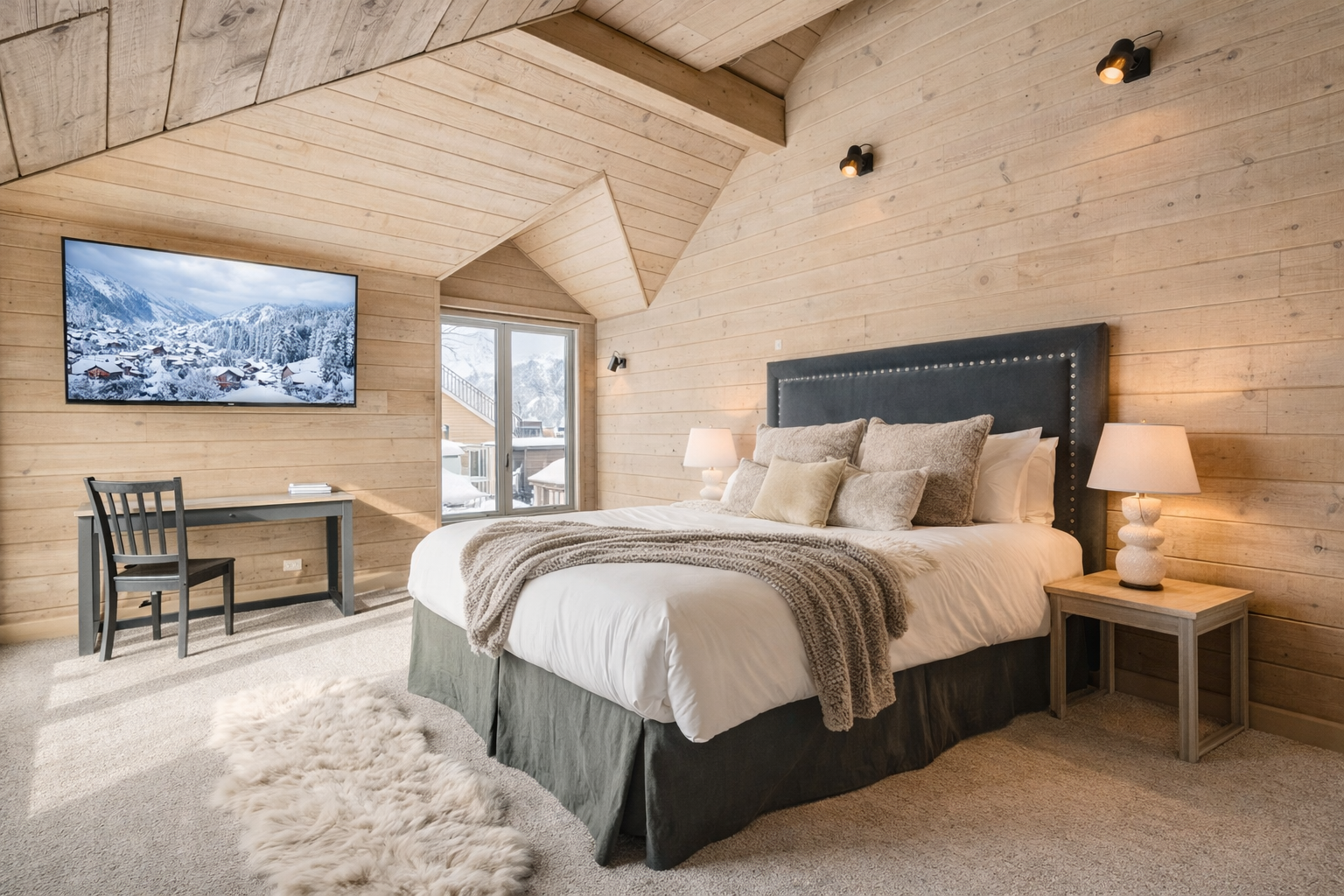 Wake up to stunning snowy mountain views from this first floor king bedroom. Wood paneling and cozy decor create the perfect, peaceful retreat.