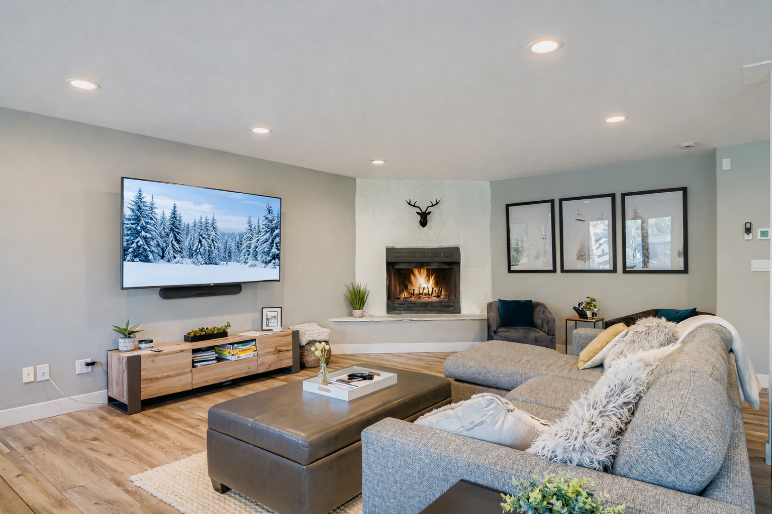 Curl up on the plush sectional sofa and enjoy cozy evenings by the fireplace in this stylish living room.