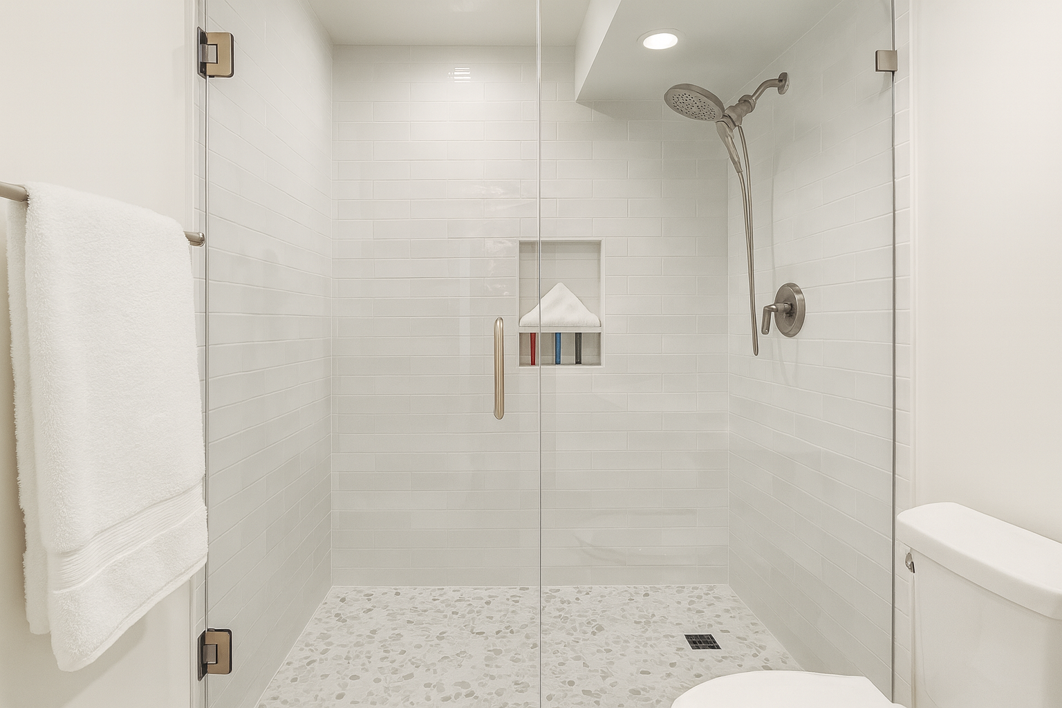 Step into your pristine glass-enclosed shower with rainfall showerhead and built-in amenities niche - your personal spa awaits.