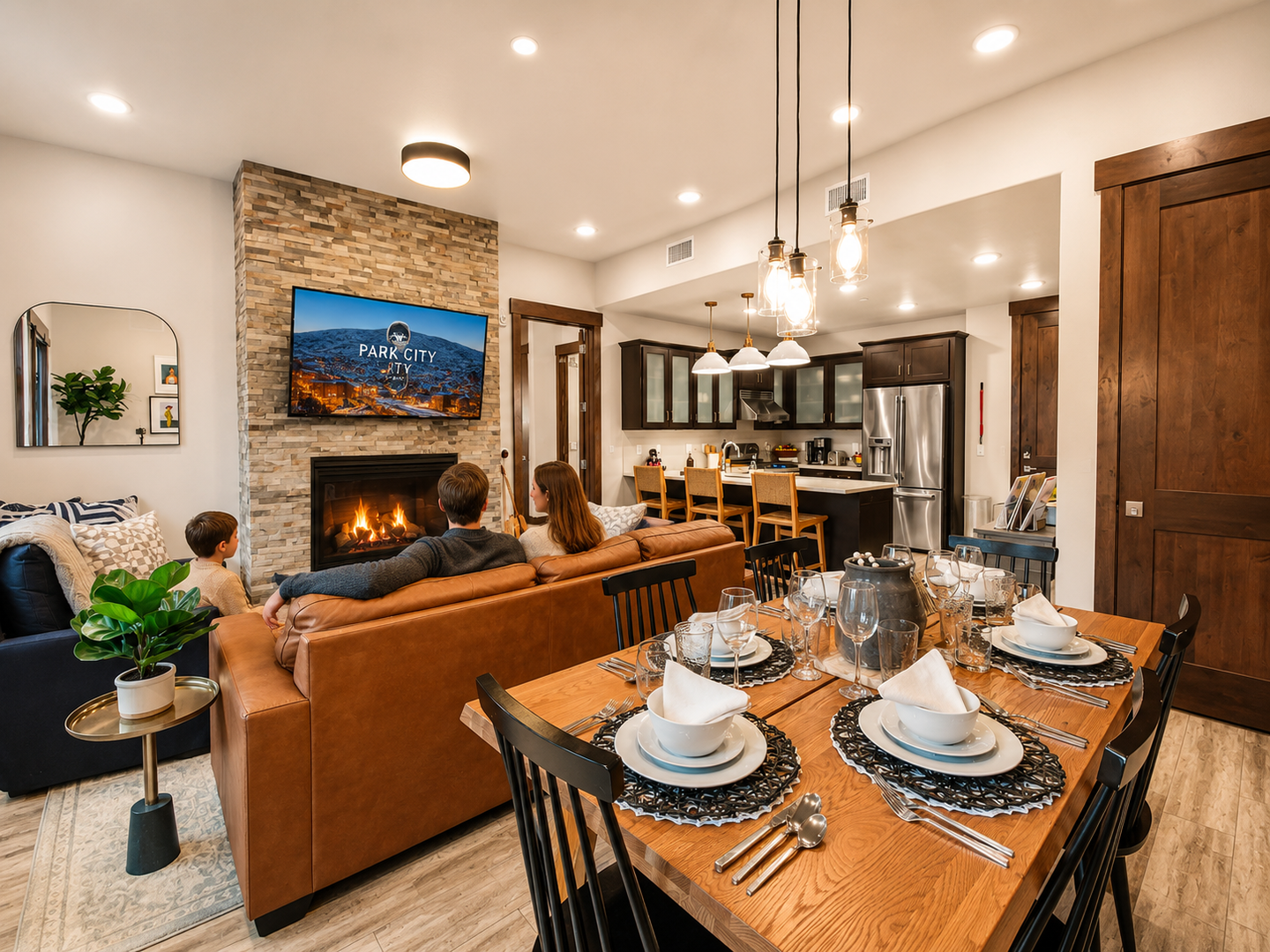 Gather with family around the crackling fireplace, share meals at the spacious dining table, and unwind in this warm, open-concept living space designed for togetherness.