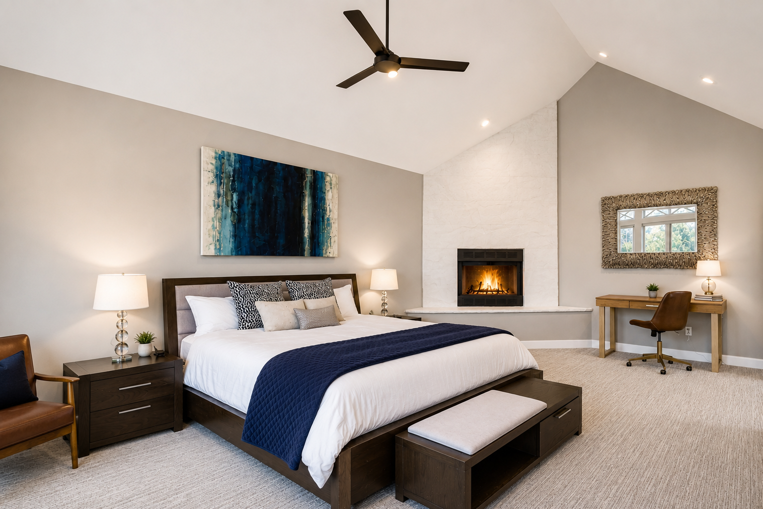 Retreat to the primary suite with a plush king bed, vaulted ceilings, and large windows offering scenic views. Enjoy the TV after a day in Park City.