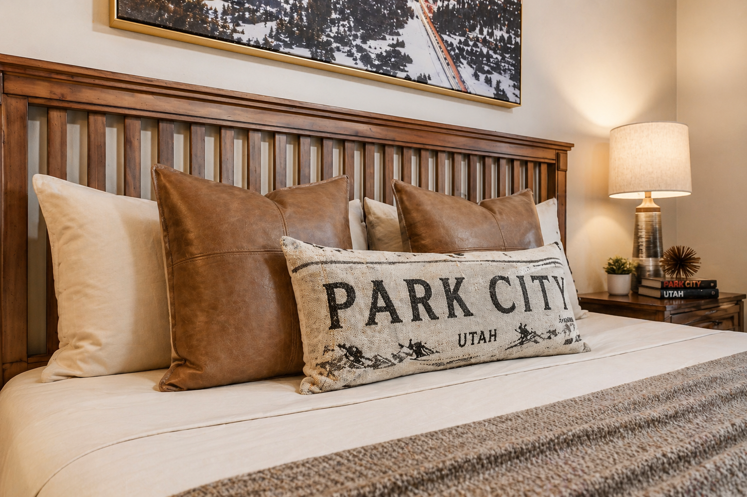 Sink into plush pillows and drift off beneath mountain-inspired artwork in your cozy bedroom. The warm wooden headboard and soft lighting create an inviting retreat after your Park City adventures.
