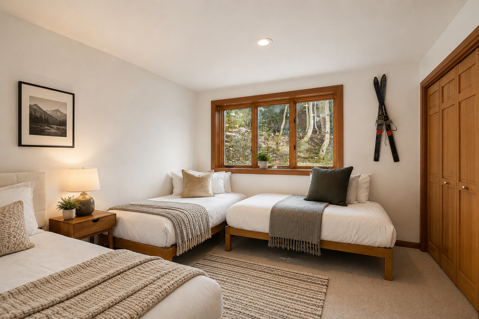 Your peaceful mountain retreat features three cozy beds dressed in soft linens, warm wood tones, and a window framing birch trees and natural light—perfect for restful mornings.