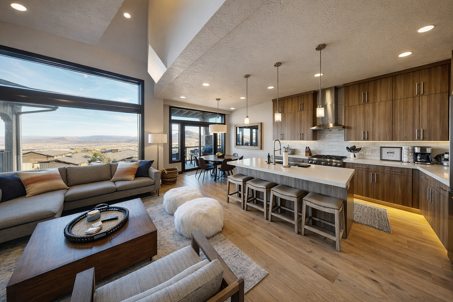 This sun-drenched open-concept space features a gourmet kitchen with a large white quartz island, a rustic dining table for eight, and a cozy living area with stunning resort views.