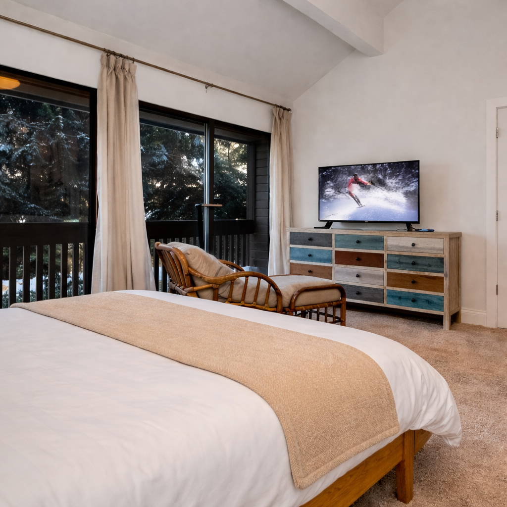 Relax in this charming second floor king bedroom with a comfortable king bed and large TV. Step onto the private balcony through the glass doors and enjoy the natural views.