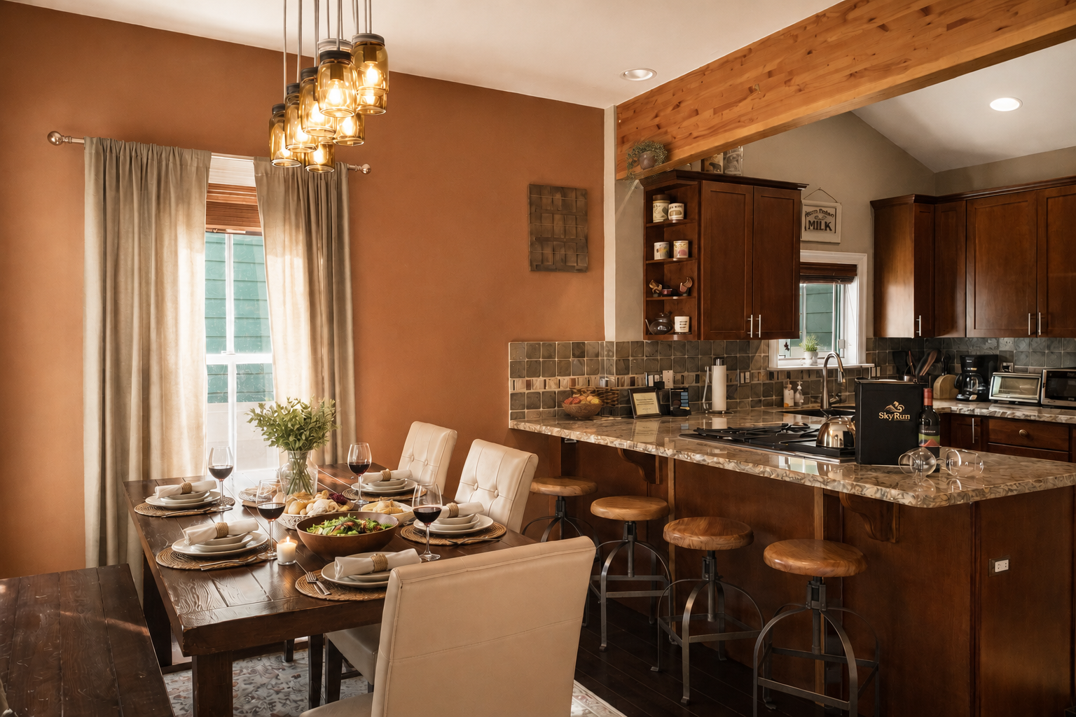 Your fully equipped kitchen features granite countertops, rich wood cabinetry, and everything needed for memorable meals together.
